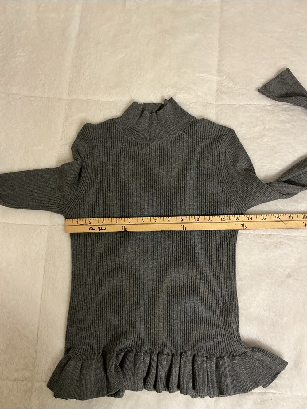 Gray Ribbed Mock Neck Sweater with Ruffle Hem - Picture 4 of 5